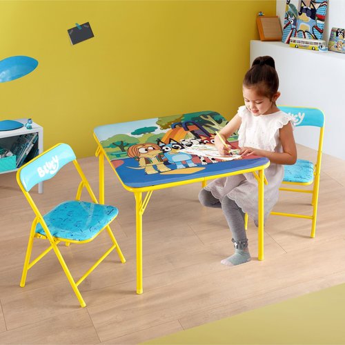 Bluey Kids Table and Chair Set, 3 Piece Folding Activity Set with Square Table & 2 Chairs,Furniture for Playroom, Crafting, Ages 3+