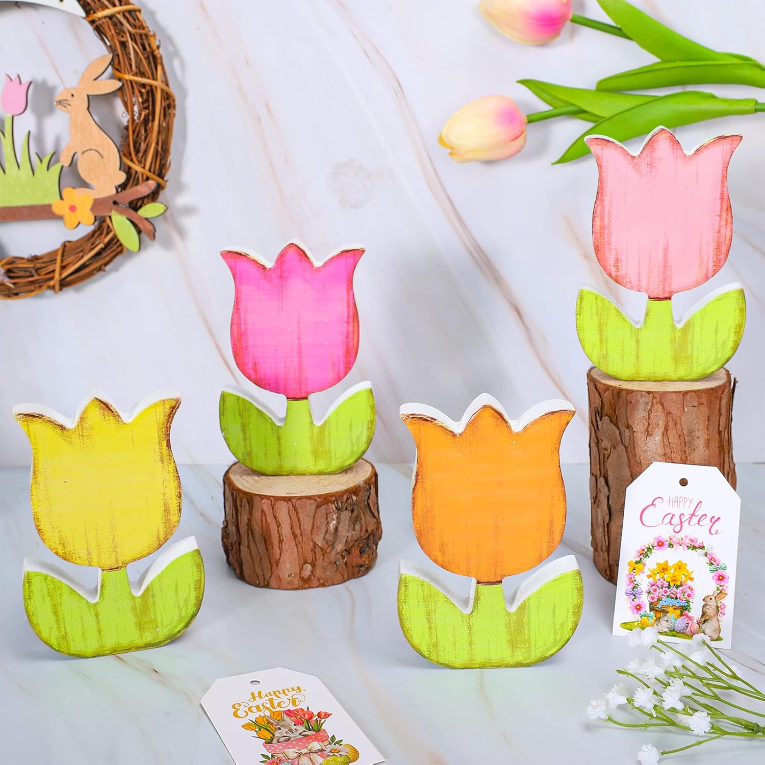 Whaline 4Pcs Spring Tulips Wood Signs - Rustic Floral Table Decor for Farmhouse Centerpieces