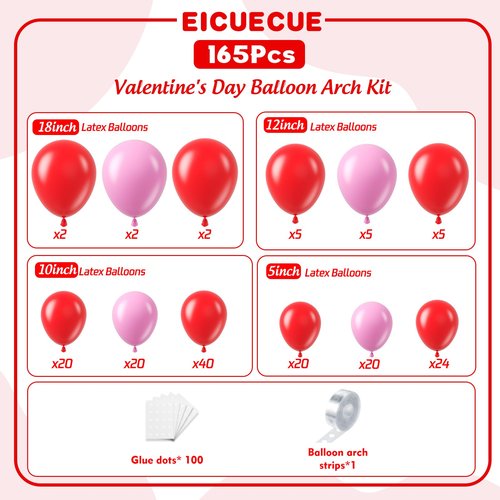 EICUECUE Valentines Day Balloons Garland Arch Kit - 165Pcs Different Size Red Pink Hot Pink Latex Balloons for Valentine's Day Galentine's Day Engagement Anniversary Party Decorations