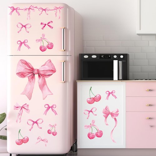JarThenaAMCS Trendy Pink Bow Wall Stickers Coquette Light Pink Bow Knot Wall Decals Watercolor Room Mural Stickers for Valentine's Day Girls Party Home Bedroom Nursery, 7.9 x 11.8 Inch, 9 Sheets