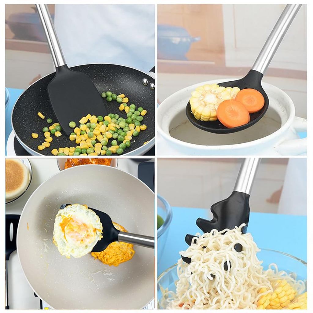 KLAQQED 5Pcs Silicone Spatula Heat Resistant Long Large Spatulas Set for Nonstick Cookware, Rubber Pancake Fish Turner Spatula for Kitchen Use Silicone Cooking Kitchen Utensils Set Black