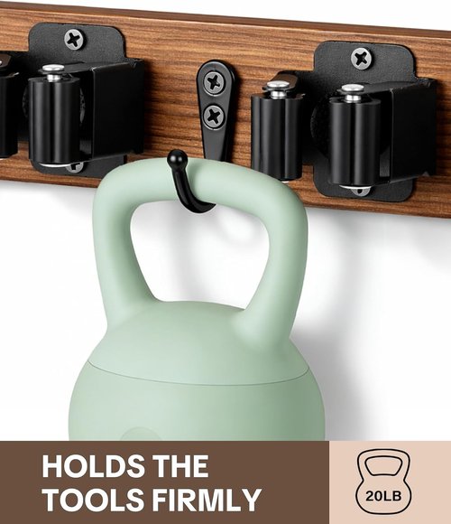 Lorbro Broom Holder Wall Mount - 2 Pack Wooden Mop Organizer with 4 Slots & Hooks for Garage, Kitchen, Laundry Room