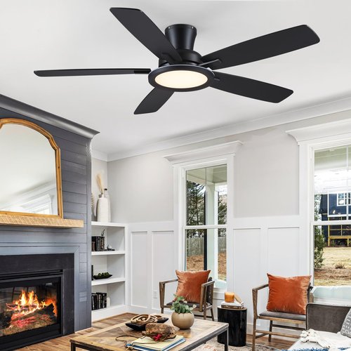BYKISTOK Flush Mount Ceiling Fan with RGB Light - 52In Black Ceiling Fan Light with Reversible Mute Motor, LED 3CCT Dimmable, Low Profile Modern Ceiling Fans for Indoor, Party, Covered Outdoor