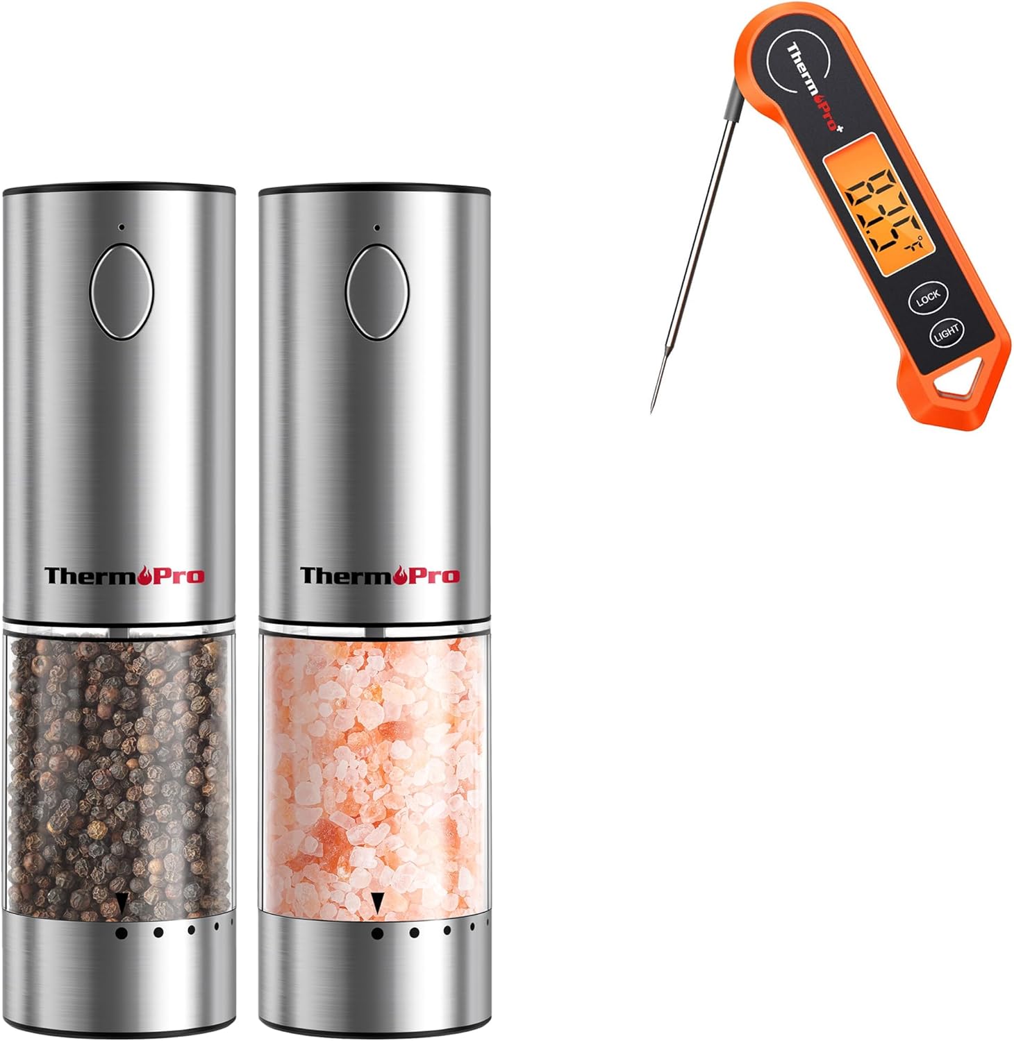 ThermoPro TP19H Digital Meat Thermometer - Ambidextrous Backlit Display for Perfect Cooking | Rechargeable Salt and Pepper Grinder Set