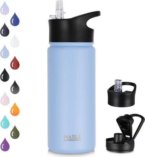 HASLE OUTFITTERS Insulated Water Bottle - 16 oz Double Wall Stainless Steel | Leak-Proof, Wide Mouth with Straw & Spout Lid (Light Blue)