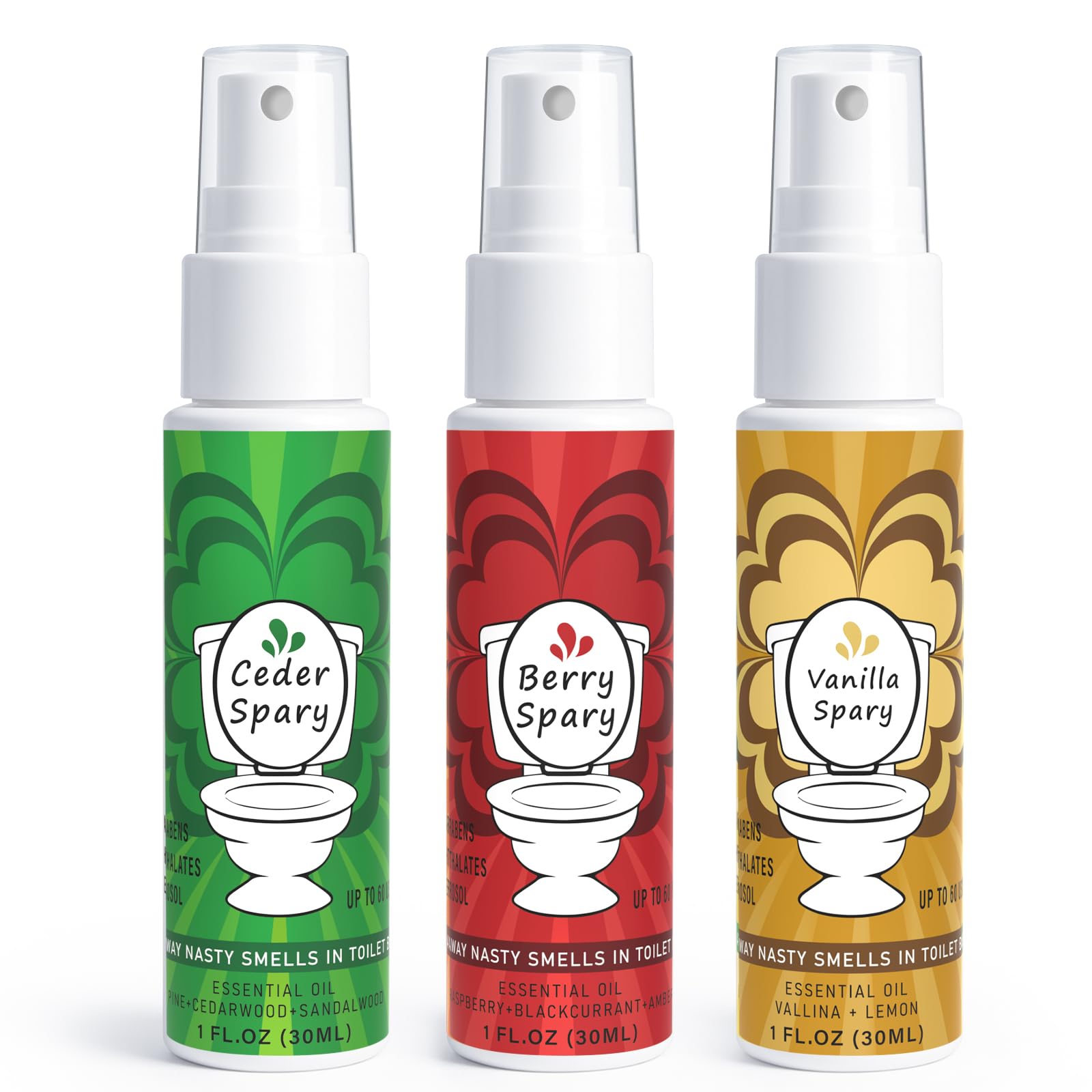 Toilet Spray for Poop 3 Pack, Travel Size Variety, Bathroom Odor Eliminator - Cedar Berry Vanilla
