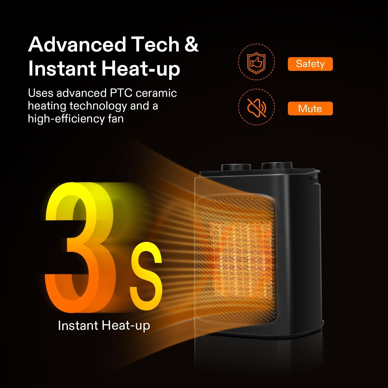 VIVOSUN 1500W Space Heater for Indoor Use, Portable Electric Heater with Adjustable Thermostat, 1500W/900W/700W/Fan Only with 4 Modes for PTC Fast Heating, Overheat & Tip-over Protection, ETL Listed