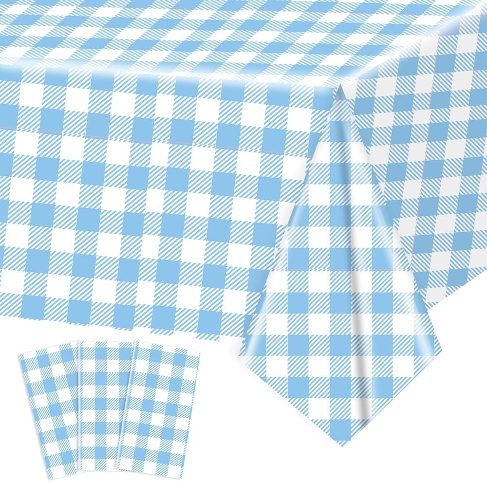 Skiennix Light Blue Checkered Tablecloth - 54" x 108" Waterproof Disposable Cover for Picnics & Parties