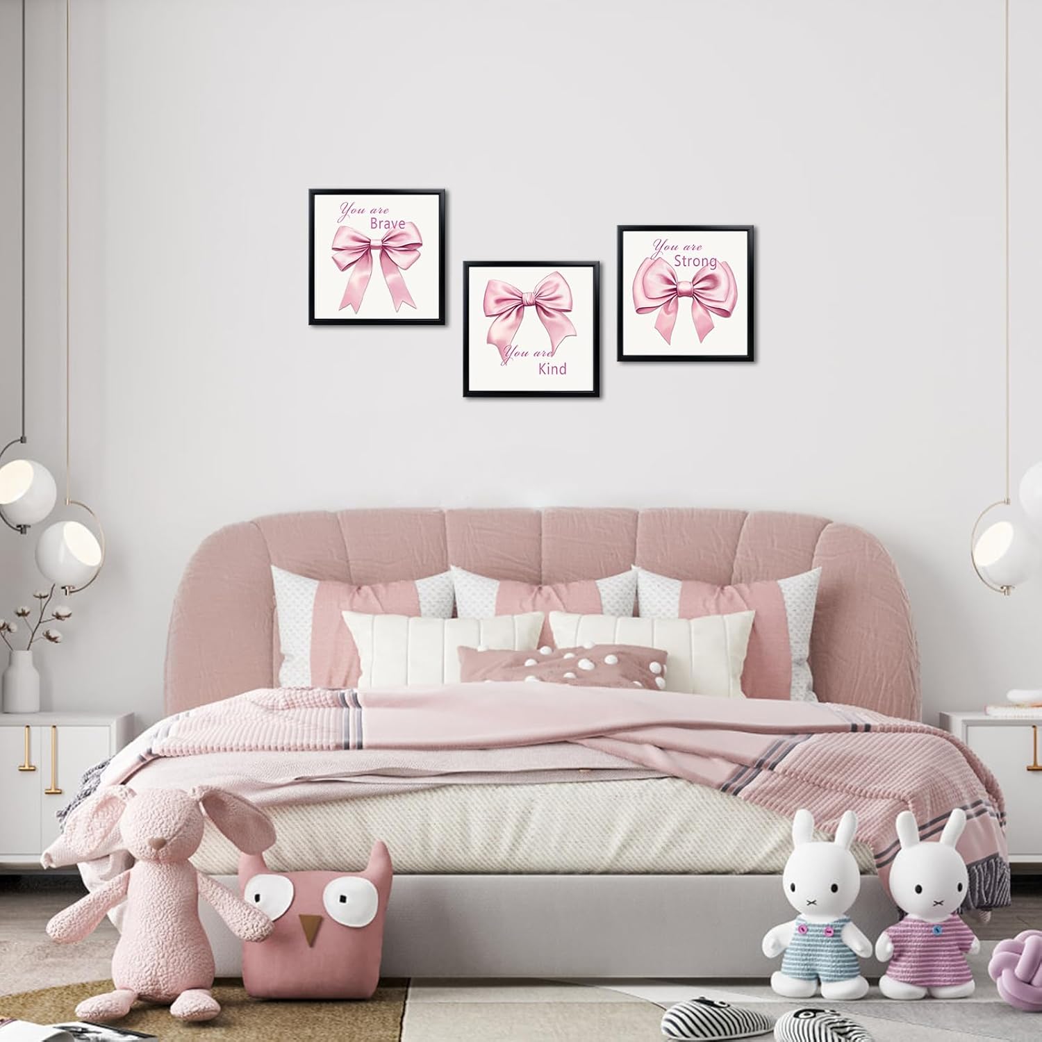 WELMECO Bow Wall Decor - Inspirational Framed Art Set for Girls | 3-Piece 12x12" Prints in Black Frame (Pink)