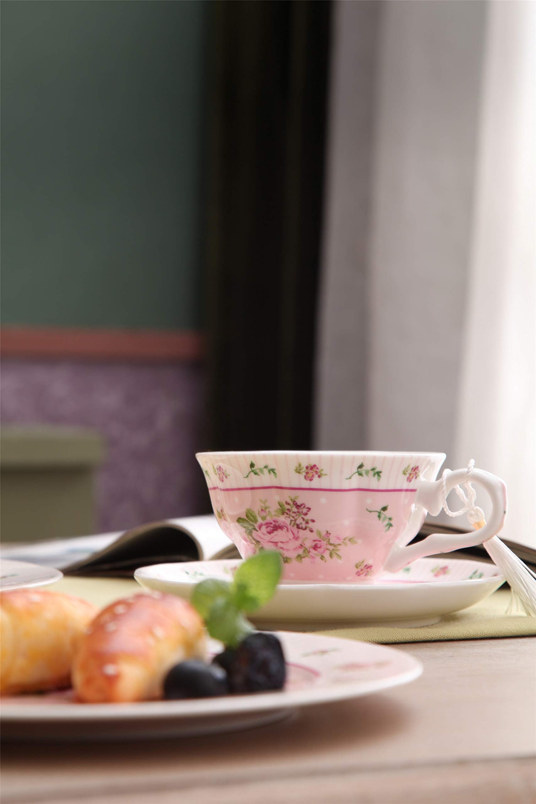 London Boutique Cake Plate Set 4 Porcelain Fine China Wide Rimmed Shabby Chic (Rose Pink)
