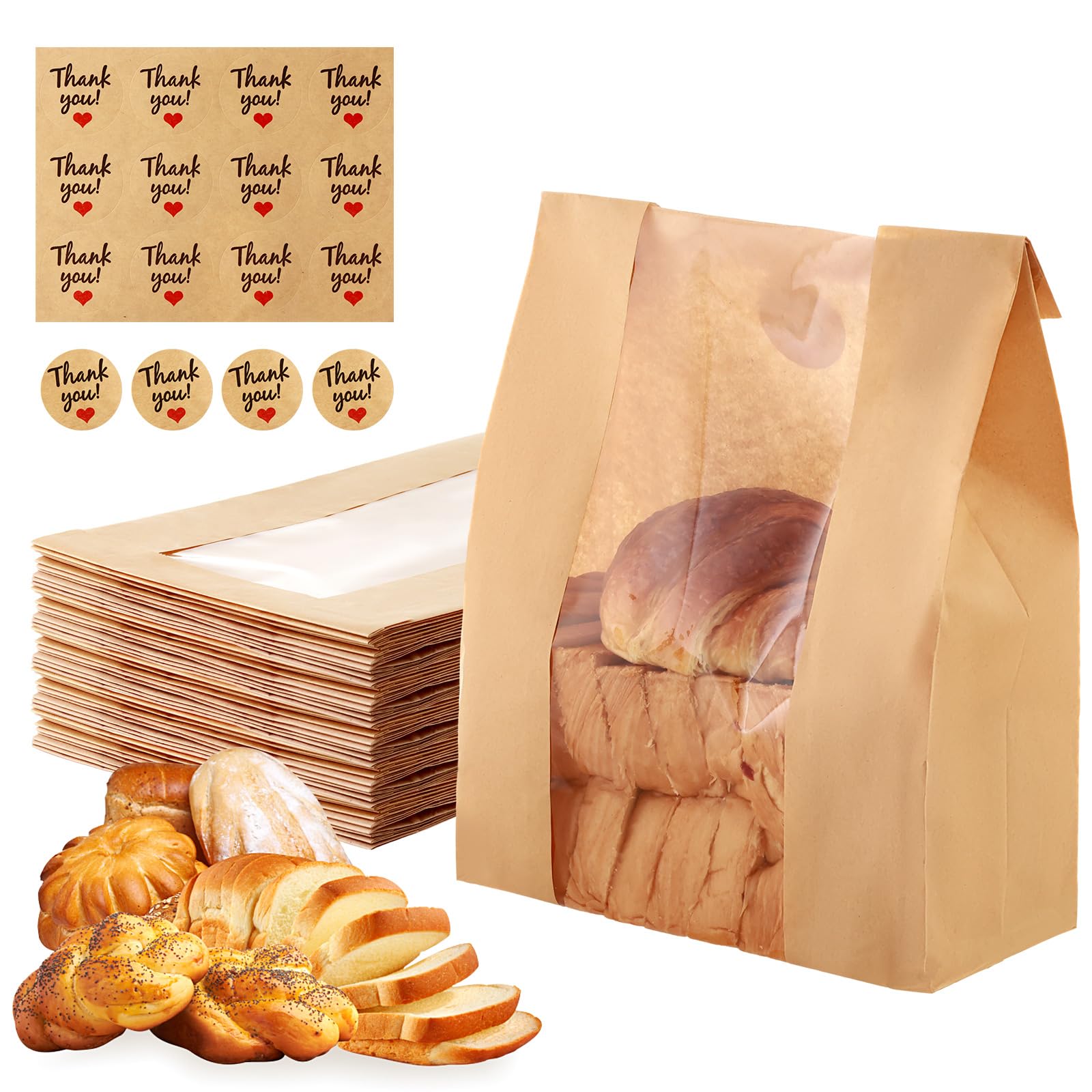 Aertiavty 120 Packs Bread Bags for Homemade Bread, 14" x 8.3" x 3.5" Bakery Bags with Window, Sourdough Bread Bags with Label Sealing Stickers, Paper Bread Bag for Sourdough, Snacks, Kraft