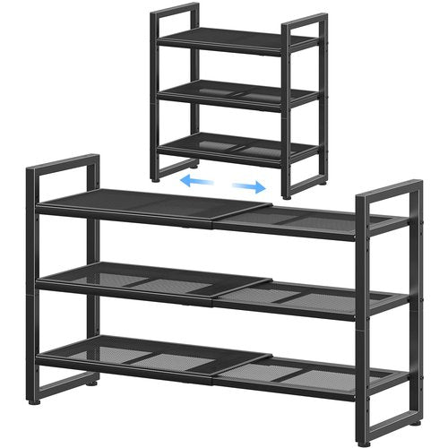 Simple Trending 3-Tier Expandable Shoe Rack, Adjustable & Stackable Shoe Organizer, Metal Mesh Free Standing Shoe Shelf Storage for Closet Entryway Doorway, Black
