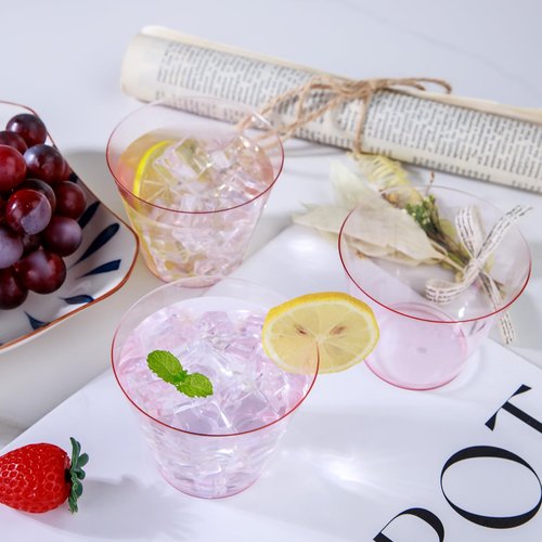 Ciaell 300PCS Clear Pink Plastic Cups - 9 Oz Heavy Duty Plastic Cups - Clear Party Cup Disposable Wine Cup for Parties & Weddings & Party & Easter