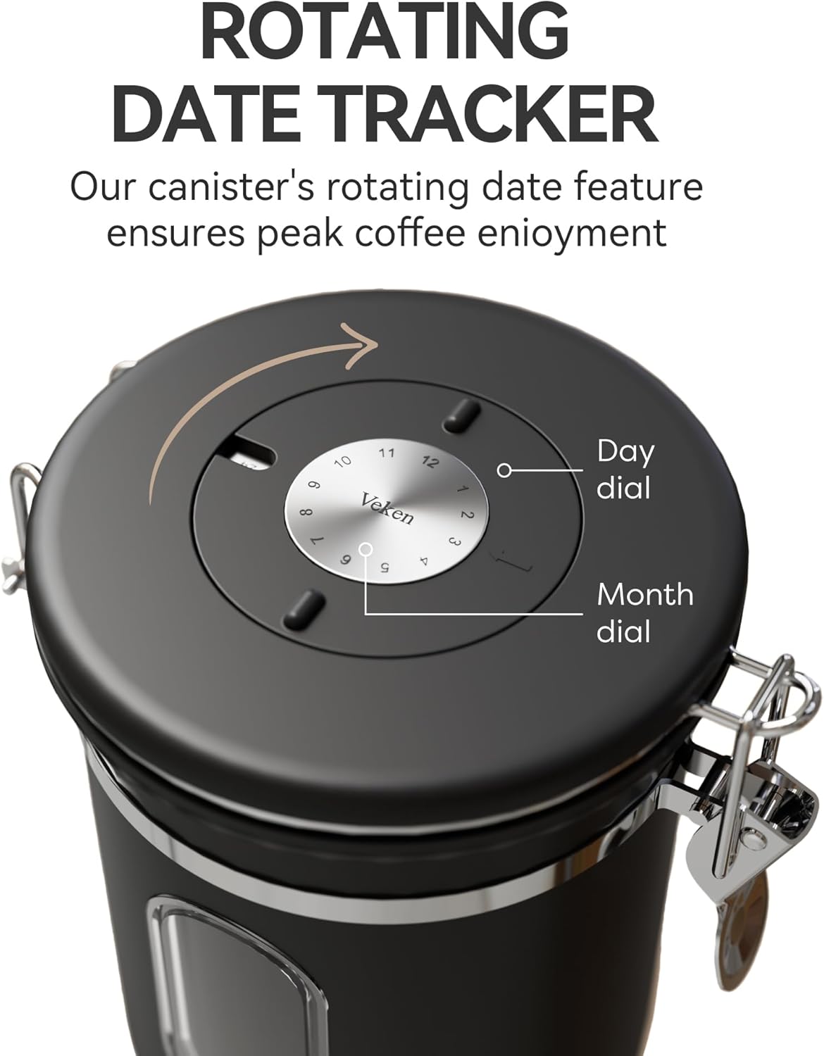 Veken Coffee Canister - Airtight Stainless Steel Food Storage Container with Window & Date Tracker | 16oz Black