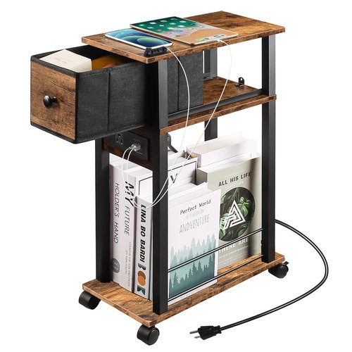 DGSANDGO Sofa Side Table Narrow End Table (1PC) - Rustic Brown & Black Two-Tone, Side Table with Charging Station (1 AC + 2 USB) & Storage Drawer, 4 Wheels Mobile Nightstand for Bedroom Living Room