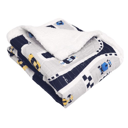 Lush Decor Car Tracks Reversible Sherpa Throw Blanket for Kids - 60” x 50”, Navy