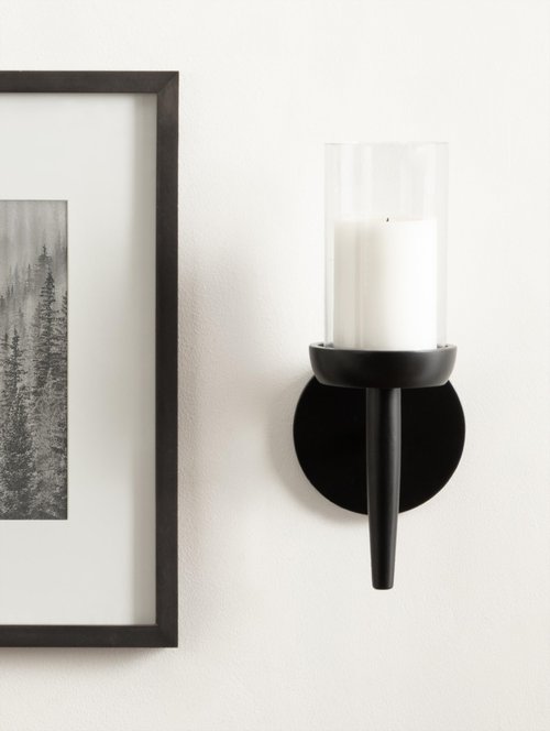 Kate and Laurel Shae Transitional Wooden Wall Sconce; 5 x 5 x 13; Black; Modern Candle Holder with Removable Glass Cylinder for Flameless Pillar Candles in Bedroom or Entryway
