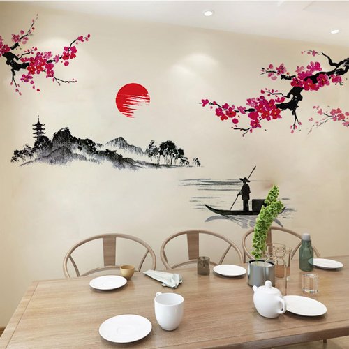 Large Japanese Wall Decor Stickers, BWCXXZH Red Cherry Blossom Tree Wall Murals Mountain River Fisherman Peel and Stick 3D Art Stickers for Girls Bedroom Nursery Living Room TV Home Decor