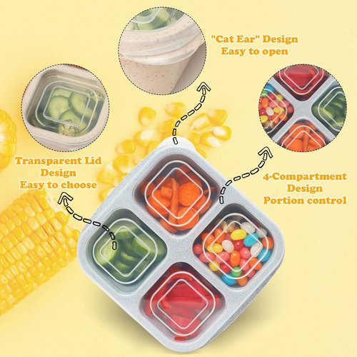 BE OVER QUALITY 4 Pack Meal Prep Containers, 4 Compartment Bento Snack Boxes, Reusable Divided Lunch Box Containers for Adults, Kids, Toddlers, Travel, Work, School