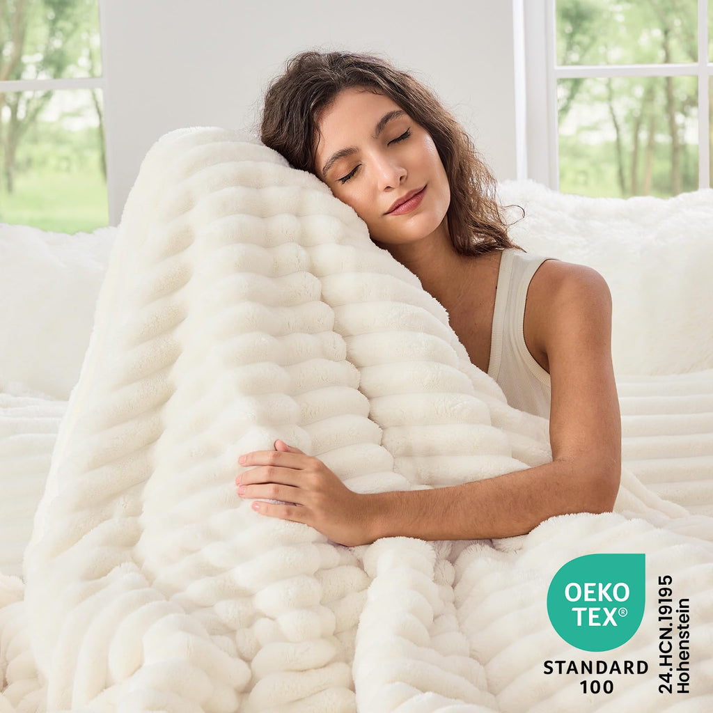 Sasttie Queen Comforter Set 3 Pieces - Super Soft Fleece Comforters Queen Size, 1 Luxury Warm Fuzzy Marshmallow Comforter with 2 Pillow Cases, Faux Fur Down Alternative Bedding Set, Cream White