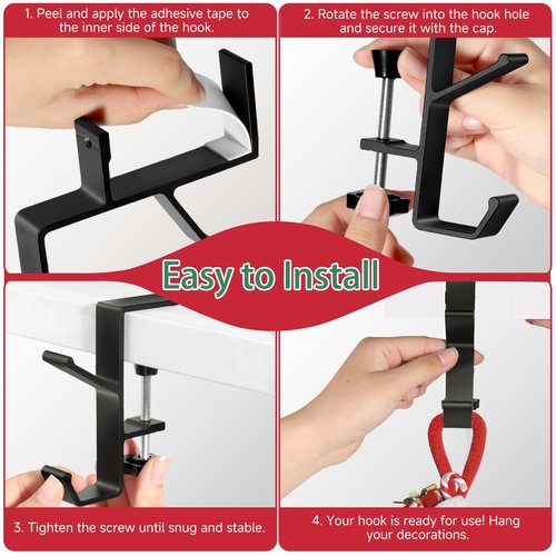 Auzky 4 Pack Stocking Holders for Mantle, Mantle Garland Hangers, Fireplace Stocking and Garland Hanger, No Drilling Required, Adjustable, Metal, Black