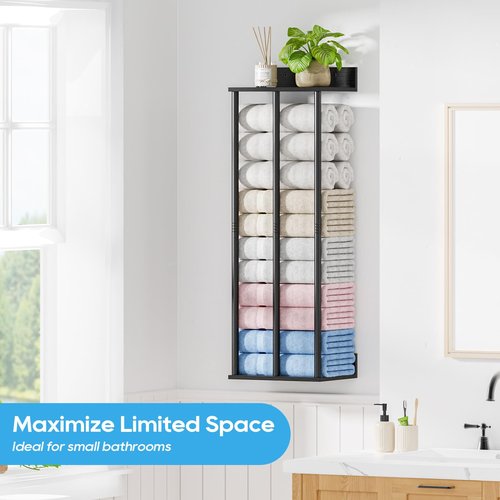 WeGXY Towel Racks for Bathroom Wall Mounted with Wooden Storage Shelf, Updated 3 Bar Metal Towel Holder for Rolled Towels, Sturdy and Large Capacity, Towel Storage Organizer-Black