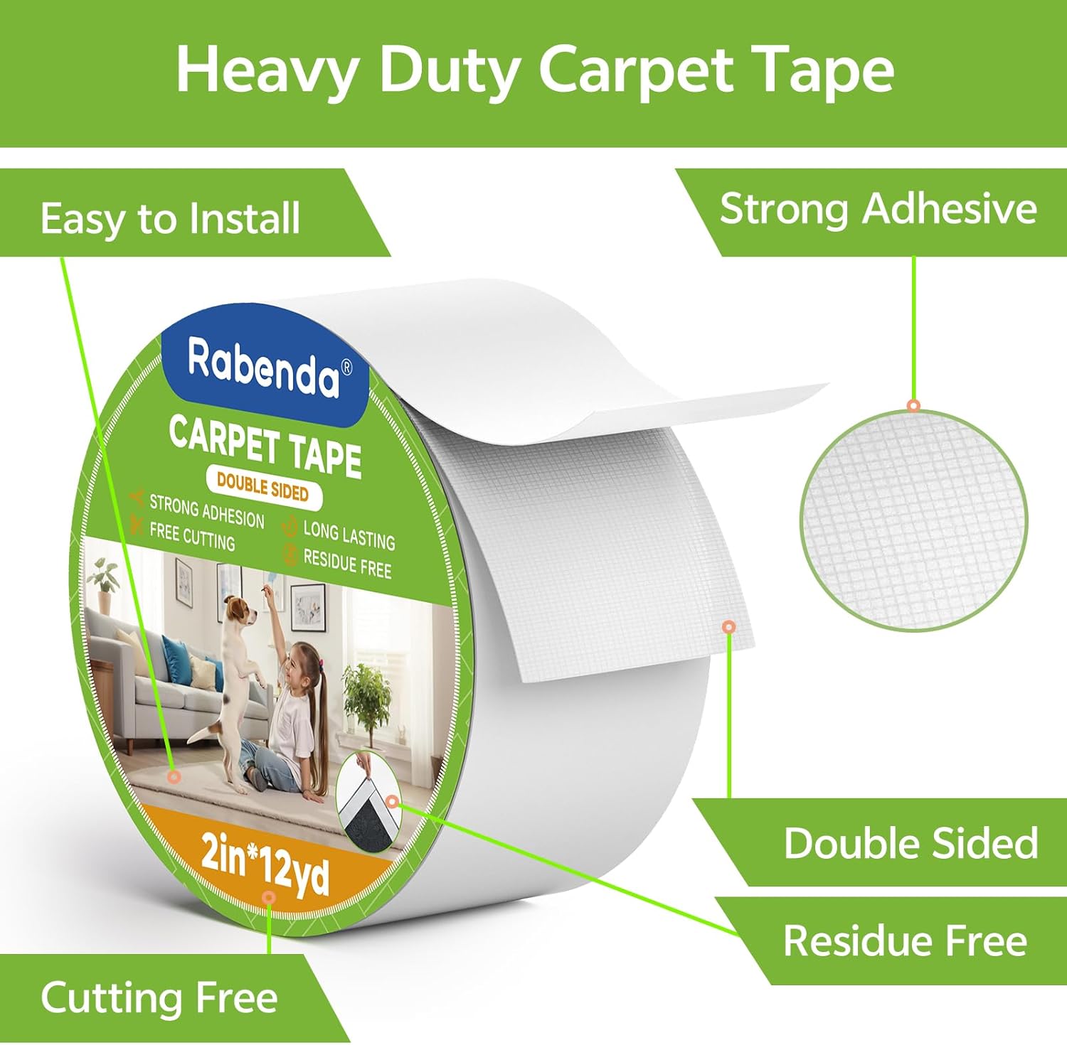Rabenda Double-Sided Carpet Tape - 2 Inch x 12 Yards Removable Rug Tape for Hardwood & Tile Floors - Strong Hold, No Residue