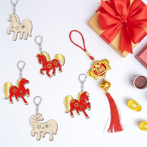 RattanView 24 Pcs Horse Craft Color Your Own Keychains Diy Craft Wooden Blank Keychains for Sunday School Classroom Home Active Party Favors Gifts, 12 Styles