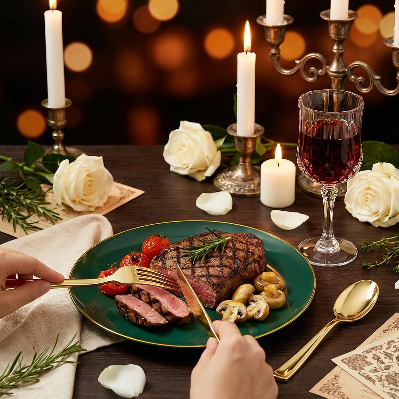 YOUBET 125PCS Green Plastic Plates - Green Disposable Plates With Gold Rim Include 25 Dinner Plate, 25 Dessert Plate, 75 Gold Plastic Silverware for Party Wedding