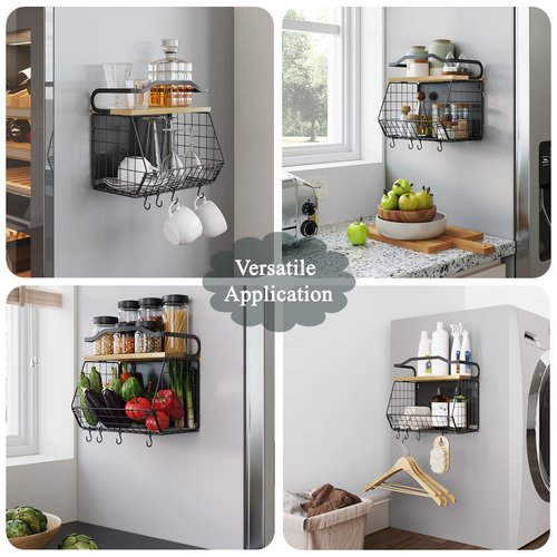 Mefirt Magnetic Shelf for Fridge with Wood Lid, Fruit Potato and Onion Storage Bins, Magnetic Spice Rack for Refrigerator Large Container Wire Basket for Refrigerator, Kitchen Counter, Cabinet