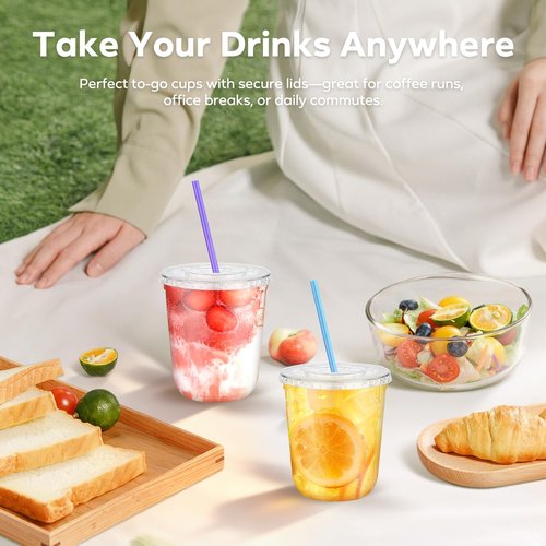 Etersky 50 Pack 12 oz Clear Cups with Flat Lids and Straws, Disposable To Go Iced Coffee Cups, Plastic Cold Drink Smoothie Party Cups for Home, Office, Daily Use