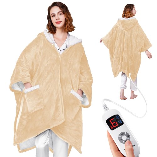 Yokimisu Wearable Heated Blanket - Cozy Gift for Women, Mom, Men| Reversible Flannel & Sherpa Electric Wrap with Pockets & Hood, 6 Heat Levels, 1-4H Timer, ETL Safe, Machine Wash, 50"x70" Beige