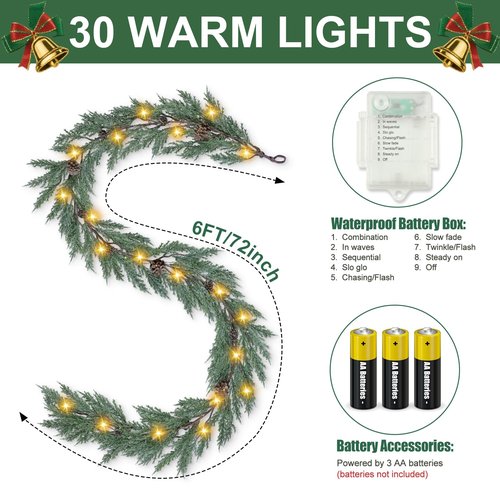 Artgar Christmas Cedar Garland, 6 Ft Realistic Pine Garland, Prelit Christmas Garland with 30 Warm Lights with 8 Light Modes for Mantels Stair Table Indoor Outdoor Winter Xmas Decor (White-Green)
