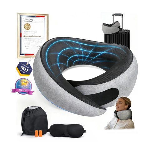 Kenbiref Memory Foam Travel Neck Pillow – Ergonomic Airplane Pillow with 360° Head Support | Includes Eye Mask & Ear Plugs | Ultra Portable Neck Pillow Airplane for Flights & Cars(Gray)