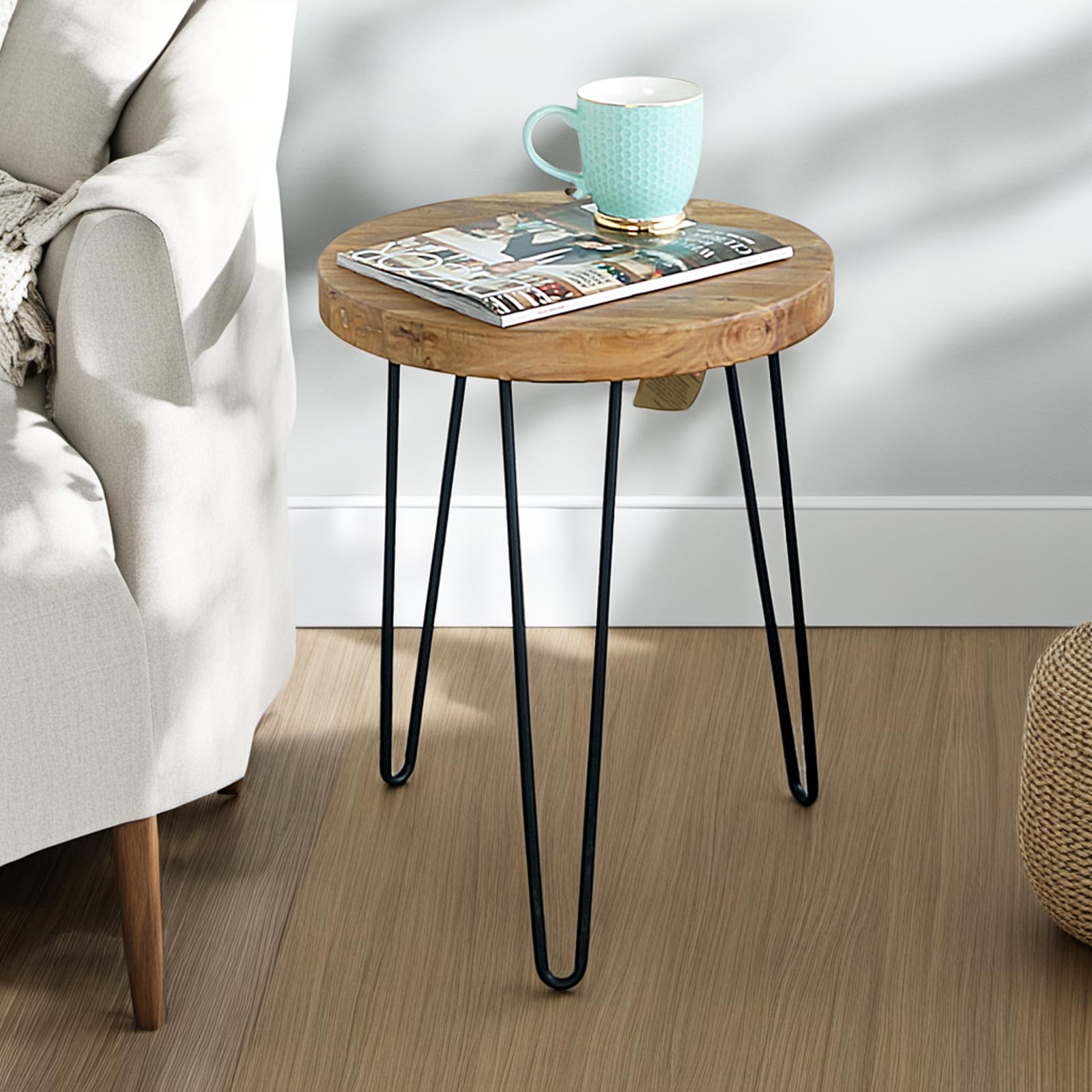 WELLAND Rustic Old Elm Round End Table 16"x16"x21" H Vintage Side Table Accent Table Plant Stand for Living Room Bedroom Home Office Patio