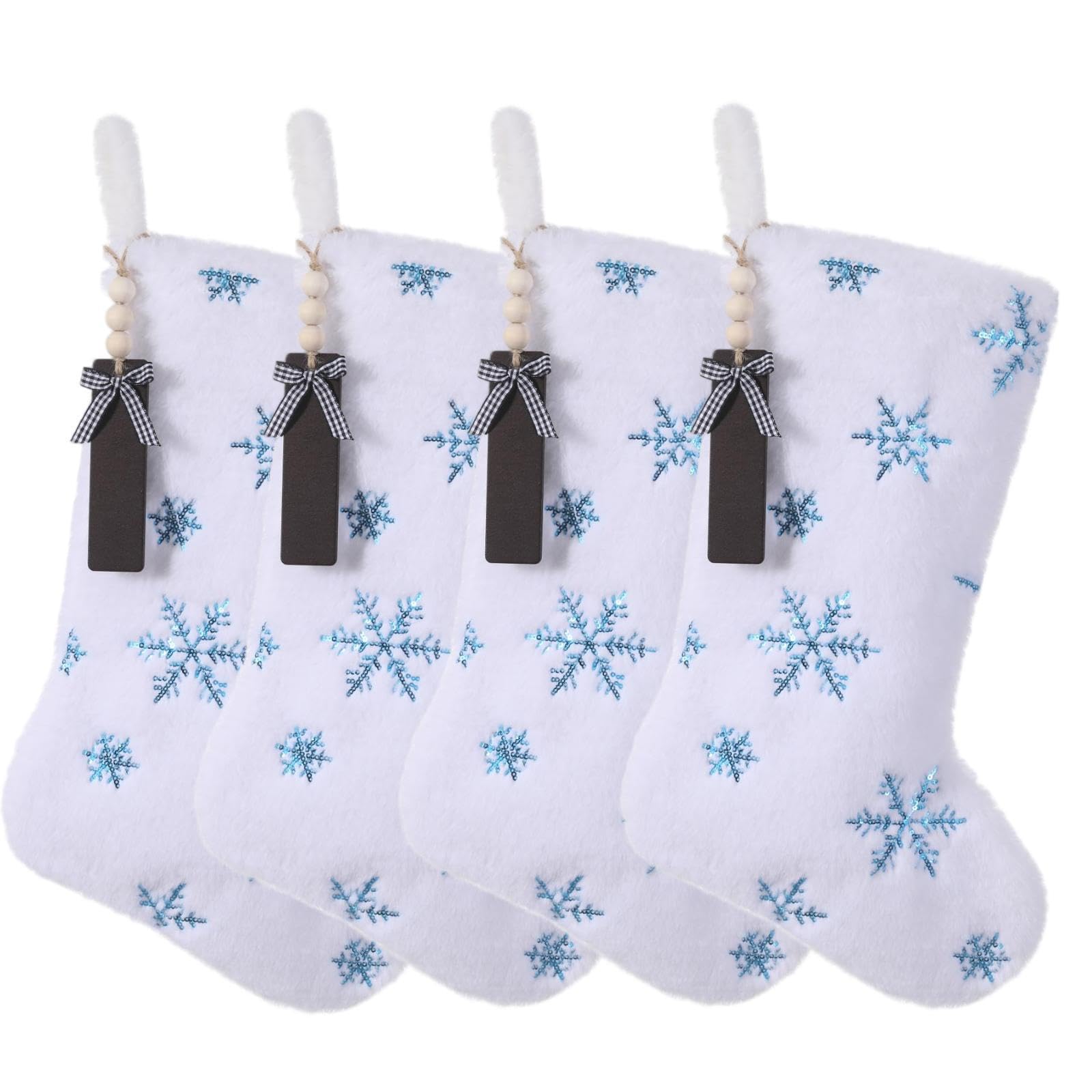 TWSANTAMAS 4PCS White Plush Christmas Stockings, 18 Inch Sequin Embroidered Snowflake Fireplace Hanging Stockings Set with Name Tags for Family Holiday Xmas Party Decorations(Blue Snowflake)