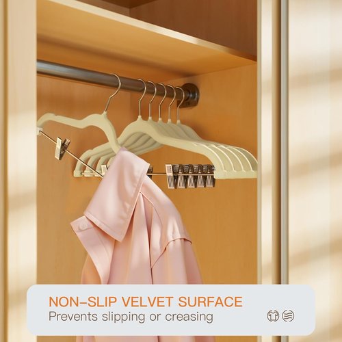 Flottian Velvet Pants Hangers - 24 Pack Adjustable Clips | Space-Saving Non-Slip Design in Beige