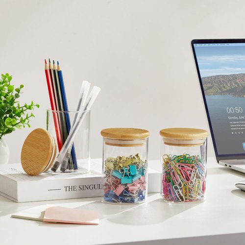 INIUNIK Qtip Holder Dispenser - 3 Pack Glass Apothecary Jars with Lids | Bamboo Bathroom Organizers