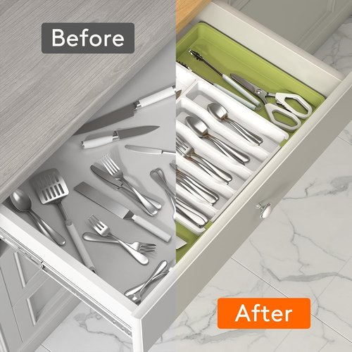 Lifewit Expandable Silverware Drawer Organizer - BPA-Free Utensil Tray for Kitchen | Adjustable 13-22 x 15" Green & White