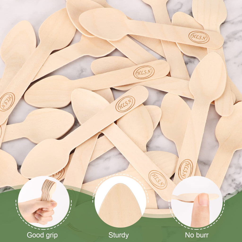 HLSN 200pcs 4 inch Mini Wooden Spoons, Biodegradable CompostableNatural Birchwood, Food Grade Disposable Wooden Cutlery for Parties, Weddings, Camping