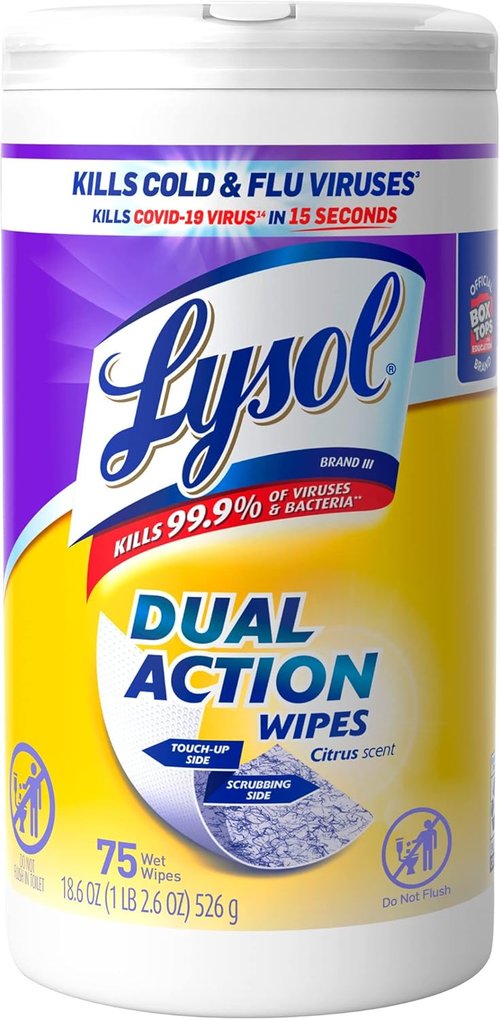 Lysol Dual Action Disinfectant Wipes - Multi-Surface Antibacterial Cleaning Wipes, Citrus Scent, 75 Count