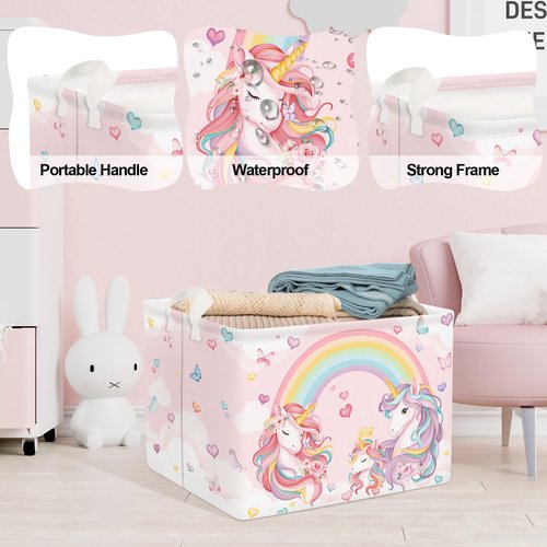 Clastyle 36L Pink Unicorn Rainbow Girls Storage Basket Collapsible Rectangle Clothes ToyBook Shelf Basket for Kid Room Nursery