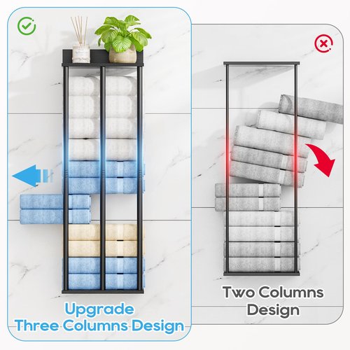 WeGXY Towel Racks for Bathroom Wall Mounted with Wooden Storage Shelf, Updated 3 Bar Metal Towel Holder for Rolled Towels, Sturdy and Large Capacity, Towel Storage Organizer-Black