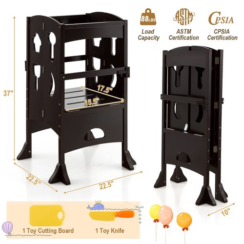 Costzon Toddler Tower, Foldable Kids Kitchen Step Stool w/Safety Rail, Height Adjustable Wood Standing Tower for Toddlers, Montessori Child Tower for Bathroom, Kitchen Counter