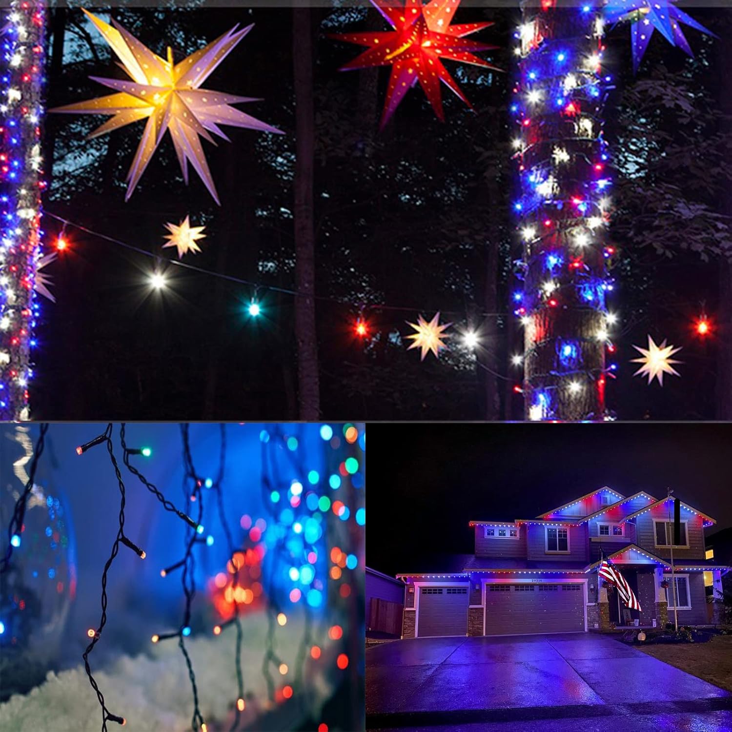 Skiennix 4th of July Outdoor Decorations - 4-Pack Red, White & Blue Solar String Lights | 400 LED, 132FT, Waterproof
