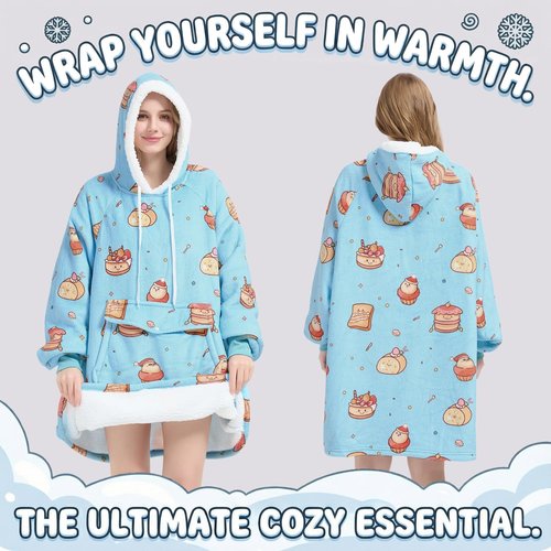 Qeils Wearable Blanket Hoodie for Women, Comfy Sherpa Sweatshirt Blanket as Birthday Christmas Gifts, Oversized Pullover Jacket Blanket Hoodie for Adult (Desserts, Adult)