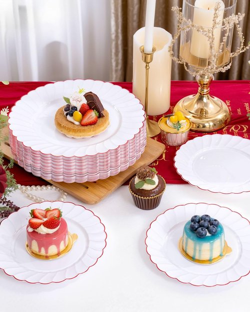 YOUBET 60PCS Red Scalloped Plastic Plates - Heavy Duty White and Red Rim Disposable Plates include 30 Hard Dinner Plate, 30 Dessert Plate for Party & Wedding Easter Mothers Day
