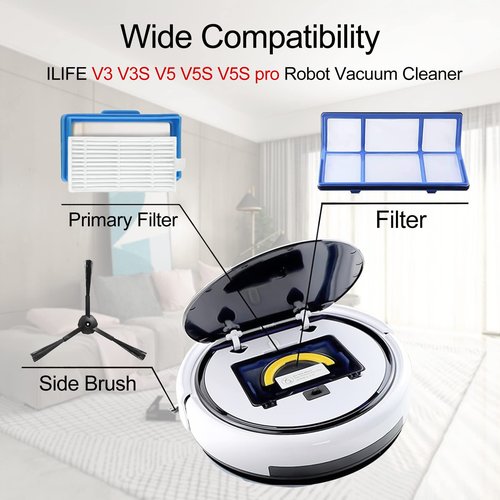 ilovelife Replacement Filter & Brush Accessories Compatible with ILIFE V3s, V3s pro, V5s, V5s pro Robot Vacuum Cleaner, 10 Filters + 10 Side Brushes