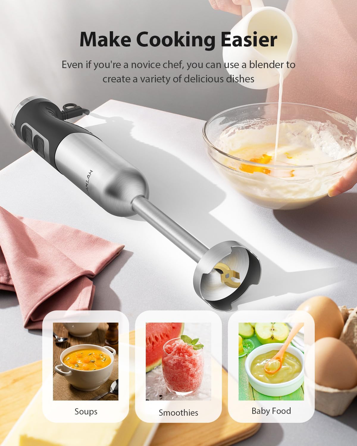 Skiennix 1000W Immersion Blender - Powerful Handheld 25-Speed with Heavy-Duty Copper Motor | Silver