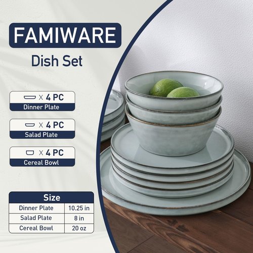 Famiware Annecy Plates and Bowls Sets, Stoneware Dinnerware Sets for 4, 12 Pieces Dish Set with Lipped Edges, Chip and Scratch Resistant, Microwave and Dishwasher Safe, Grey-Blue